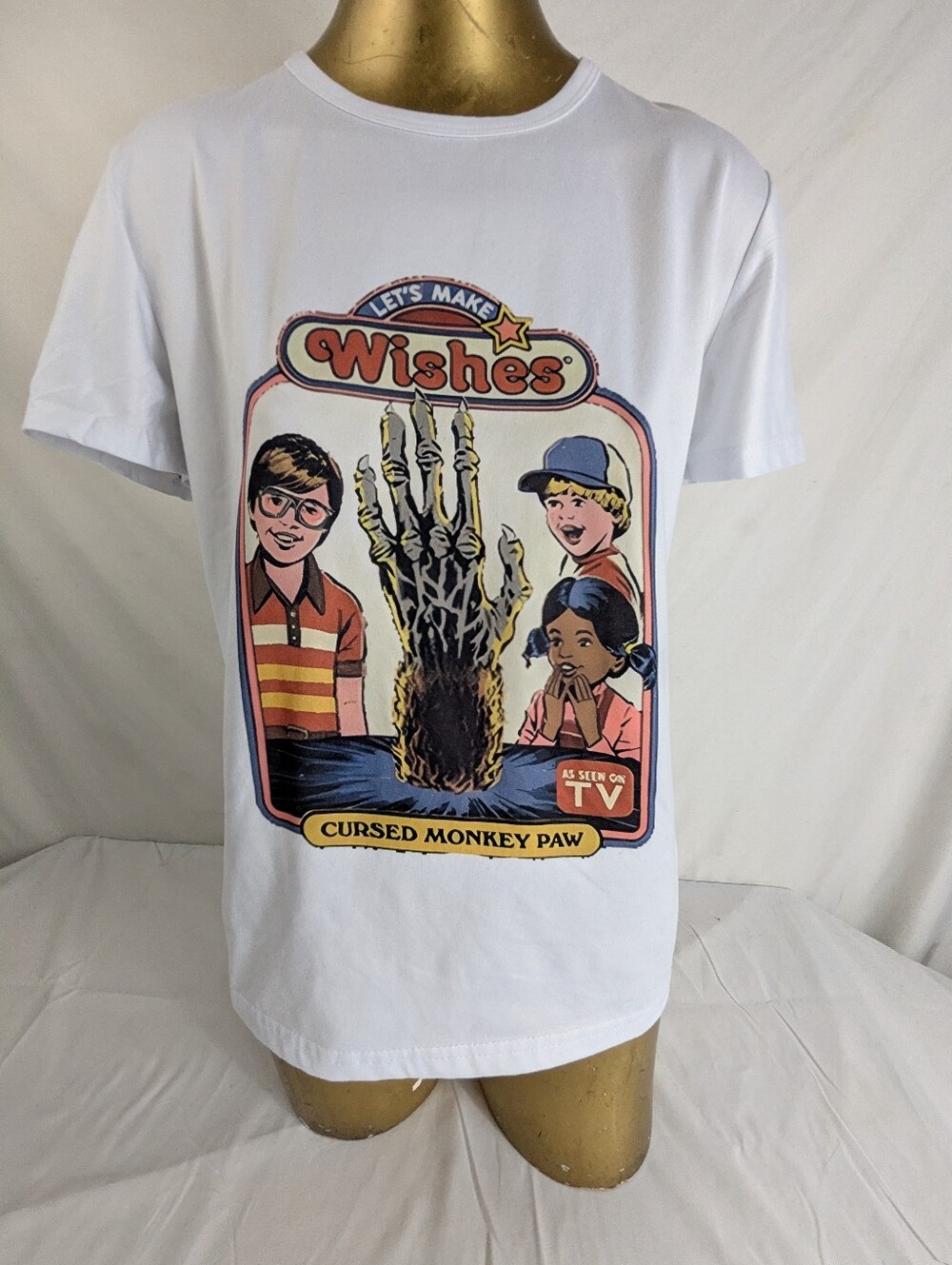Let's Make Wishes Cursed Monkey Paw Dark Humor White Tee Size Large